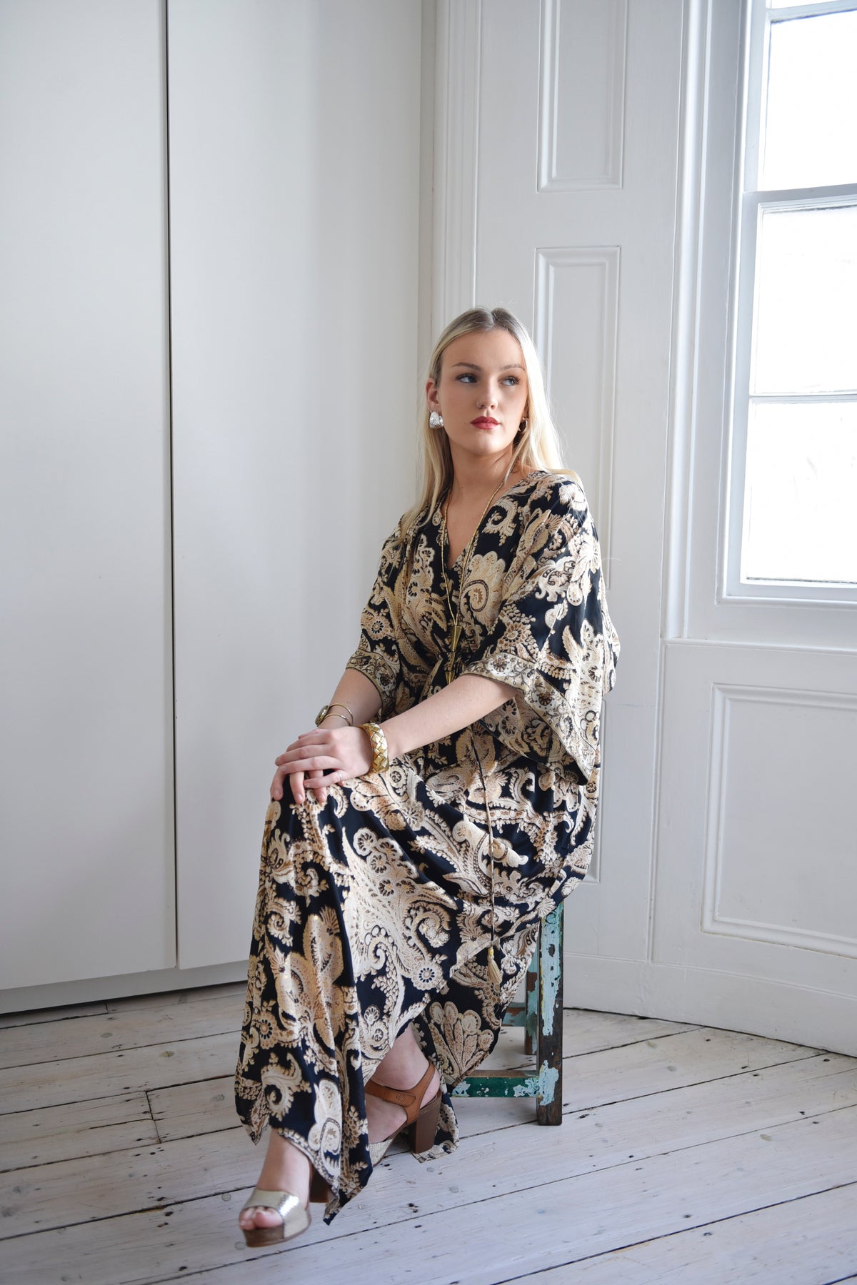 Harper, Black & Gold Baroque Floral Print Batwing Viscose Dress With Tassels