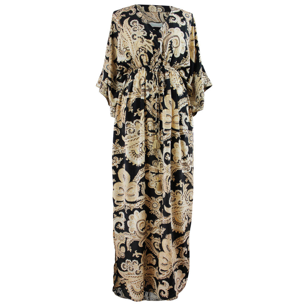 Harper, Black & Gold Baroque Floral Print Batwing Viscose Dress With T Harper, Black & Gold Baroque Floral Print Batwing Viscose Dress With T