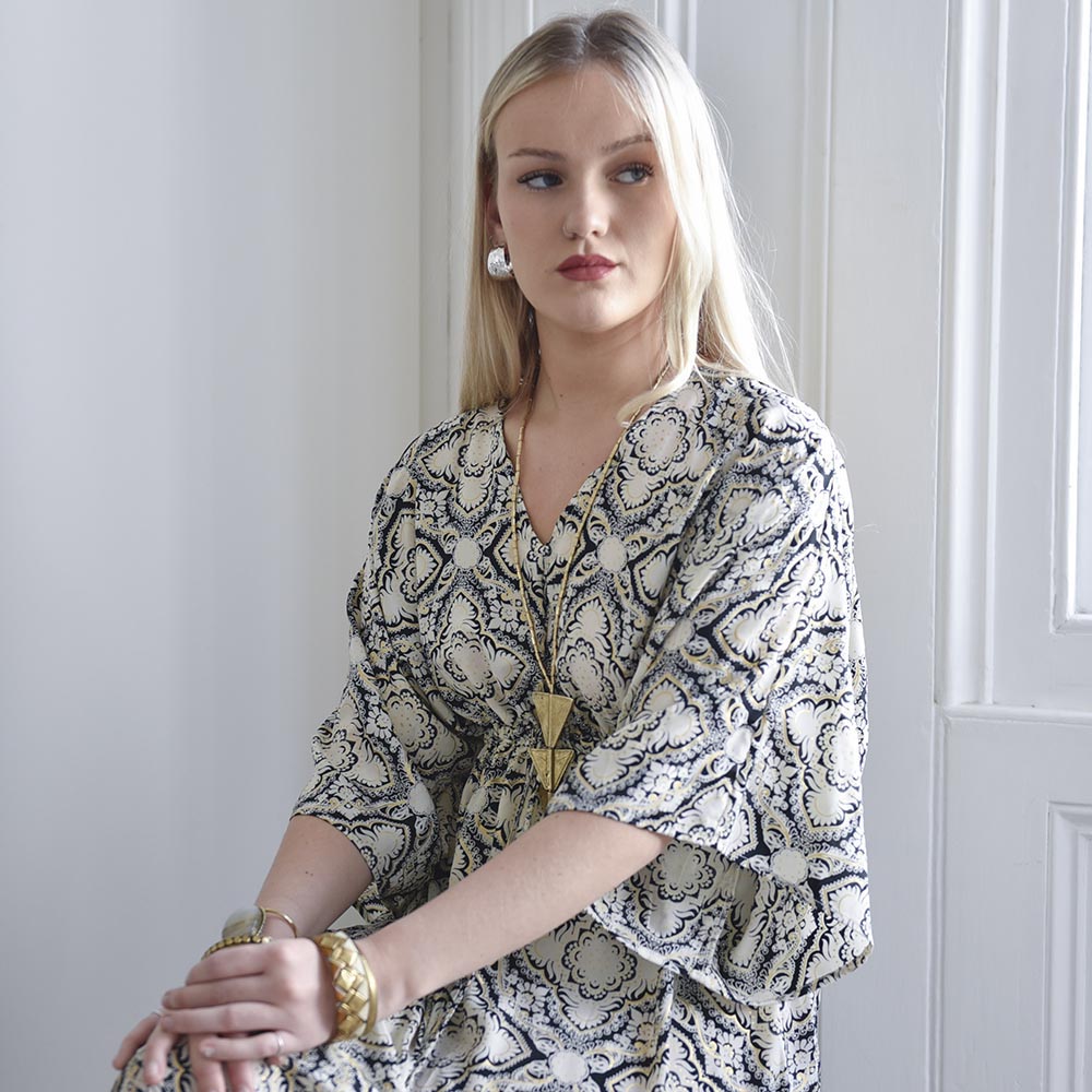 Taren, White, Black & Gold Arabesque Style Print Batwing Viscose Dress With Tassels