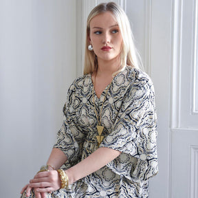 Taren, White, Black & Gold Arabesque Style Print Batwing Viscose Dress With Tassels