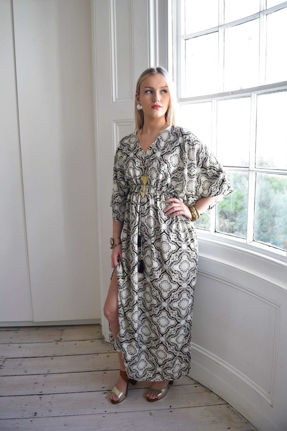 Taren, White, Black & Gold Arabesque Style Print Batwing Viscose Dress With Tassels
