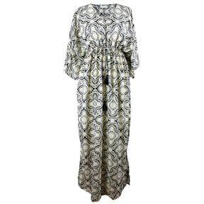 Taren, White, Black & Gold Arabesque Style Print Batwing Viscose Dress With Tassels