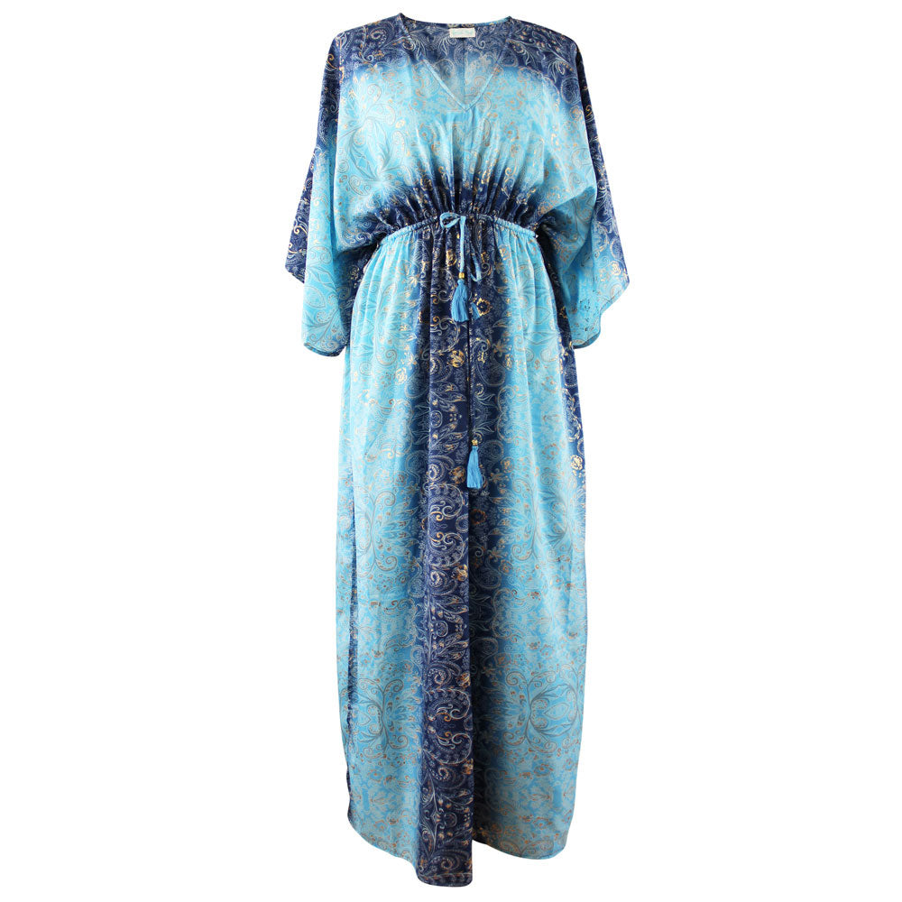 Rain, Ombre Blue With God Paisley Print Batwing Viscose Dress With Tas Rain, Ombre Blue With God Paisley Print Batwing Viscose Dress With Tas