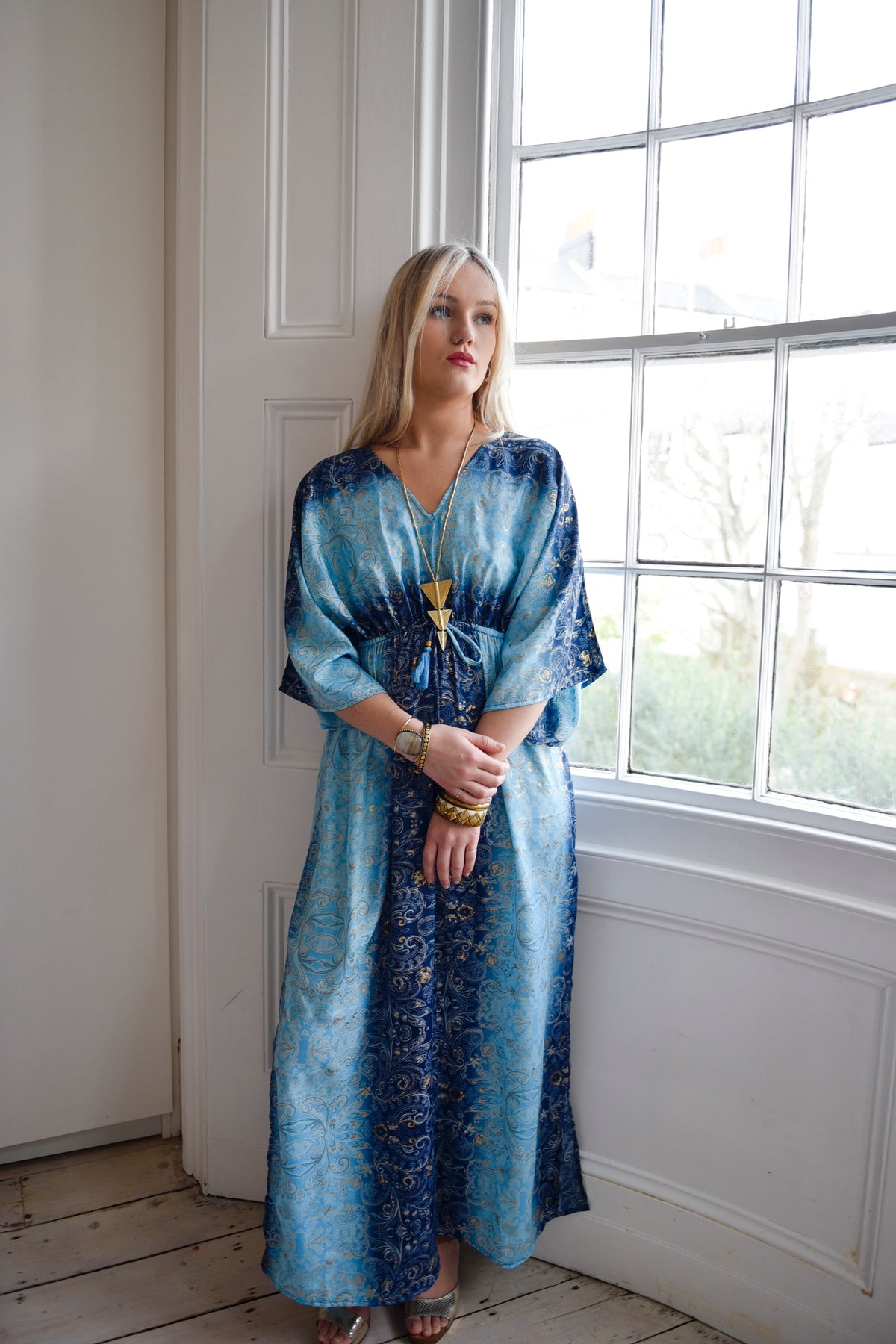 Rain, Ombre Blue With God Paisley Print Batwing Viscose Dress With Tassels