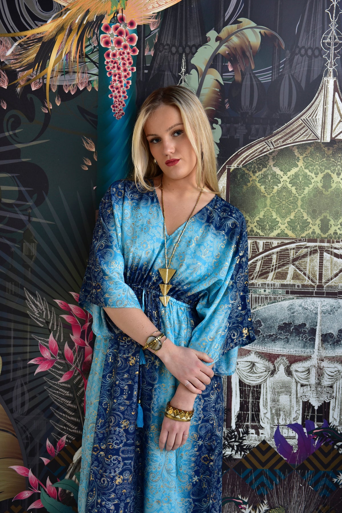 Rain, Ombre Blue With God Paisley Print Batwing Viscose Dress With Tassels