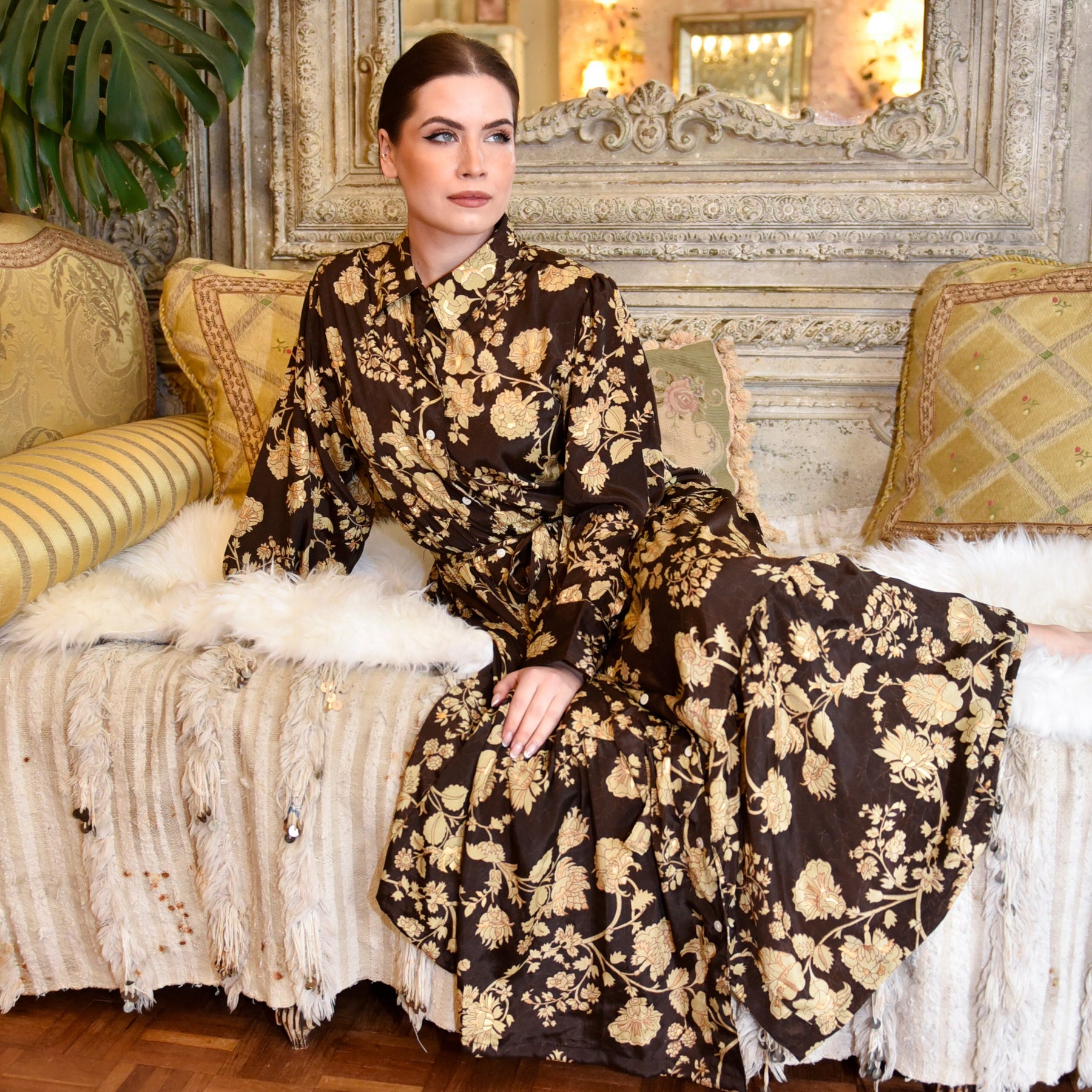 Mika, Dark Brown & Gold Floral Print Viscose Long Tiered Dress