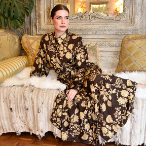 Mika, Dark Brown & Gold Floral Print Viscose Long Tiered Dress