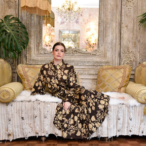 Mika, Dark Brown & Gold Floral Print Viscose Long Tiered Dress