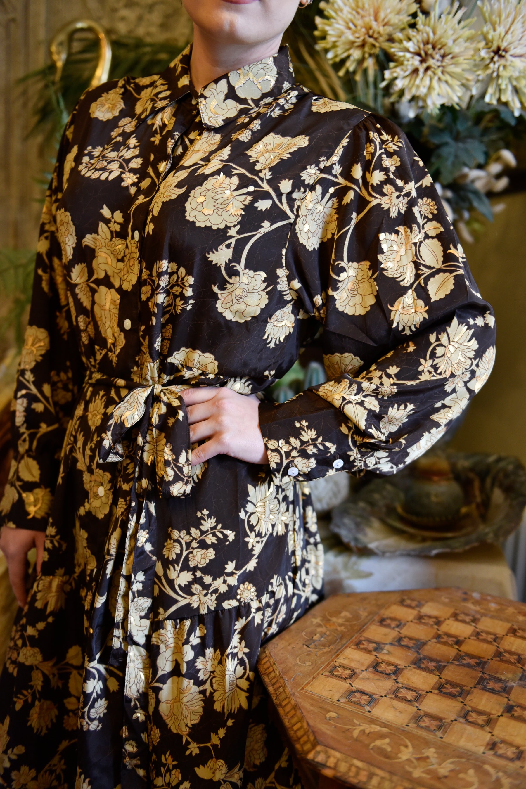 Mika, Dark Brown & Gold Floral Print Viscose Long Tiered Dress