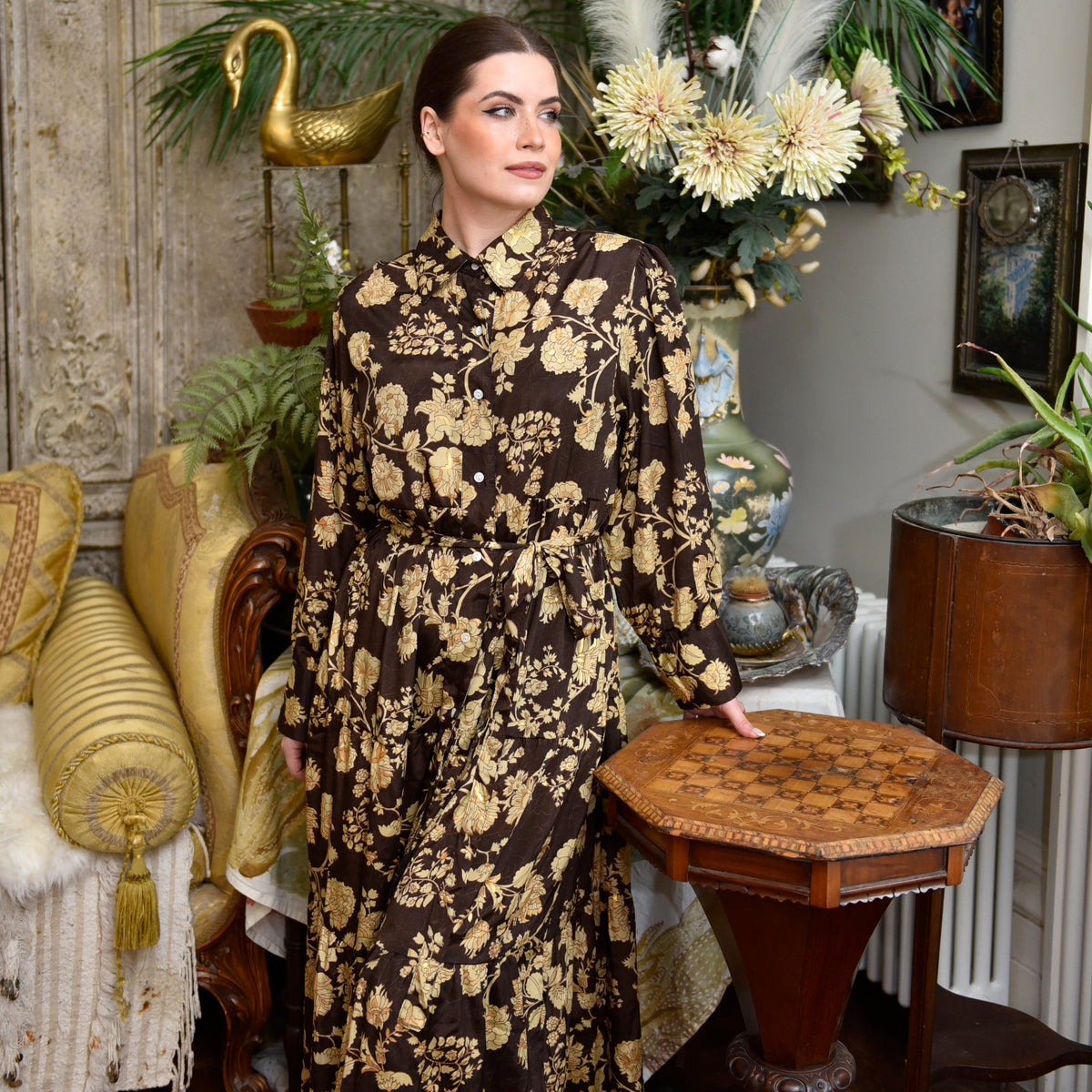 Mika, Dark Brown & Gold Floral Print Viscose Long Tiered Dress
