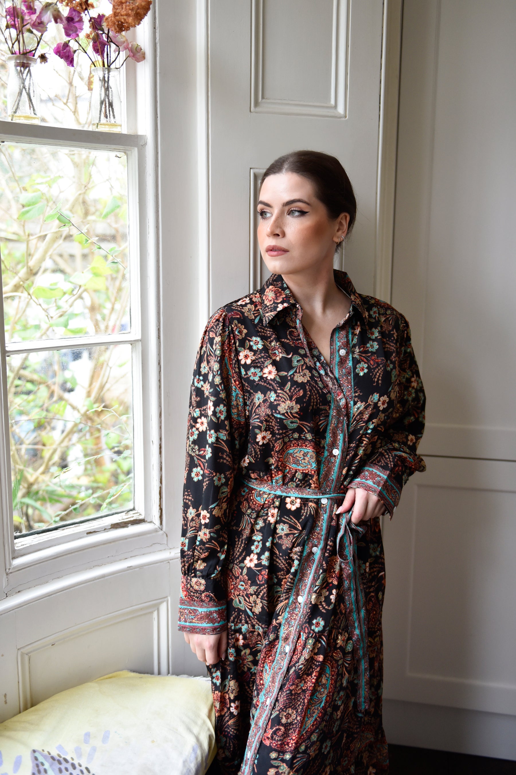 Amara, Black, Blue & Red Paisley Floral Print Viscose Long Tiered Dress