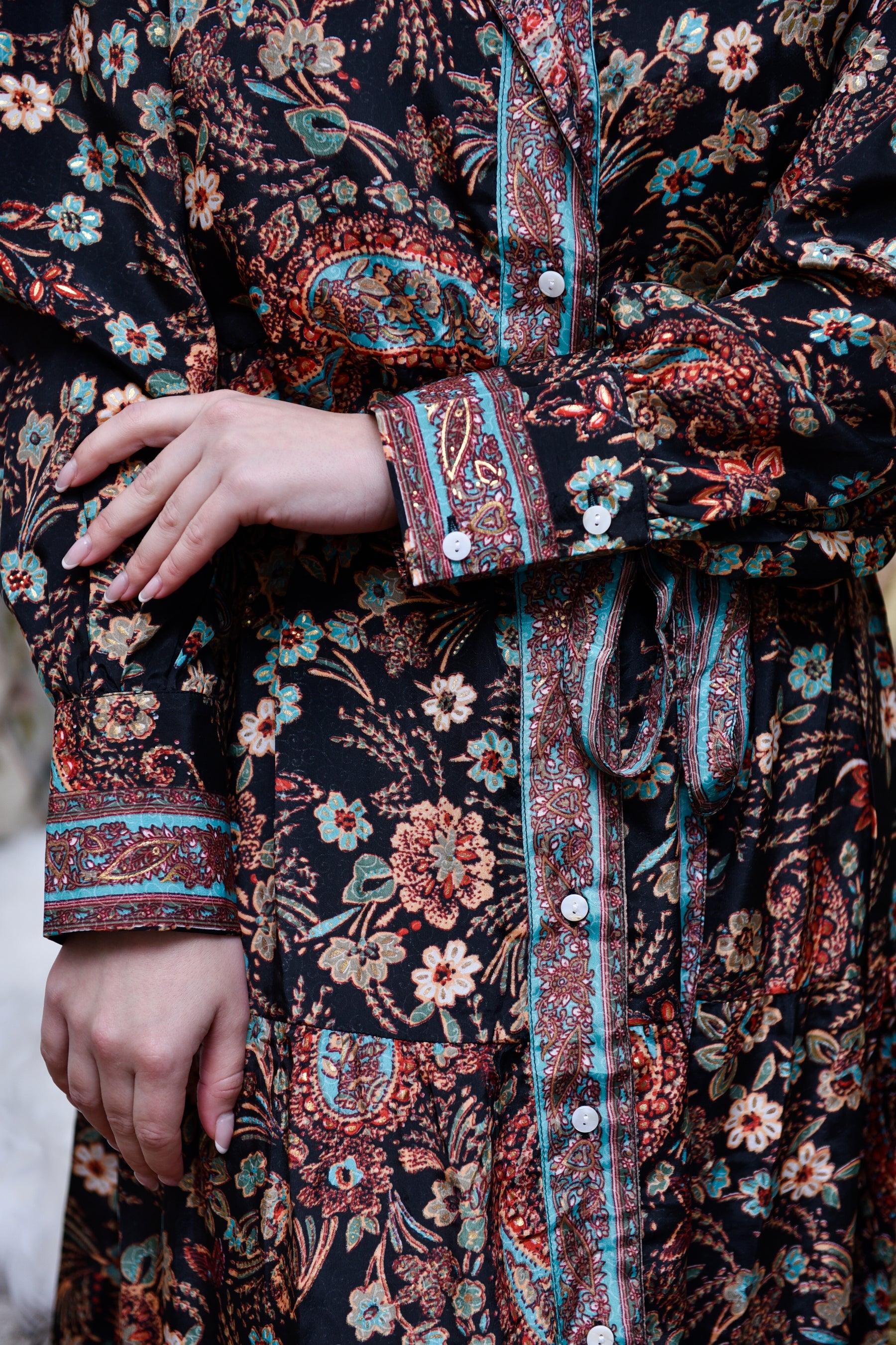 Amara, Black, Blue & Red Paisley Floral Print Viscose Long Tiered Dress