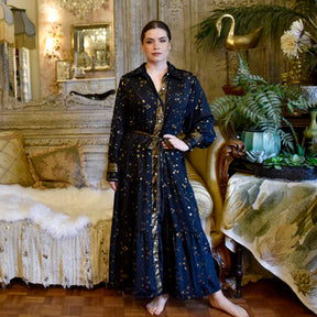 Ember, Black & Gold Small Geo Print Viscose Long Tiered Dress