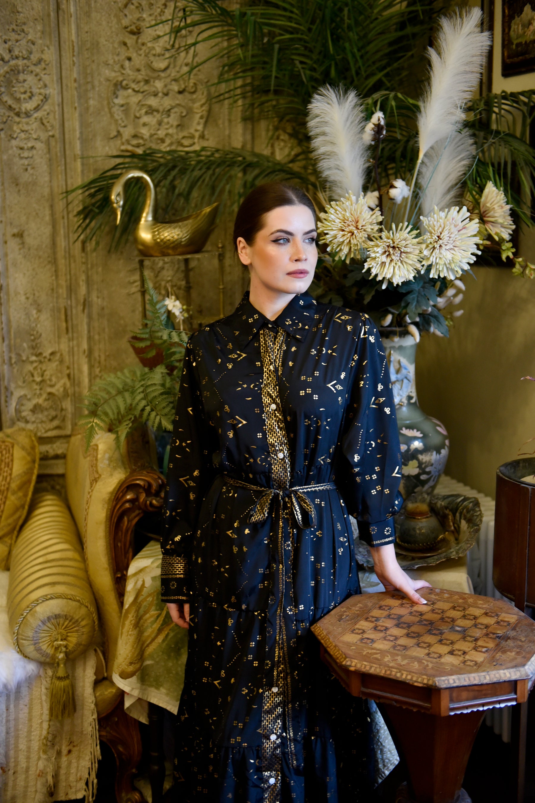 Ember, Black & Gold Small Geo Print Viscose Long Tiered Dress