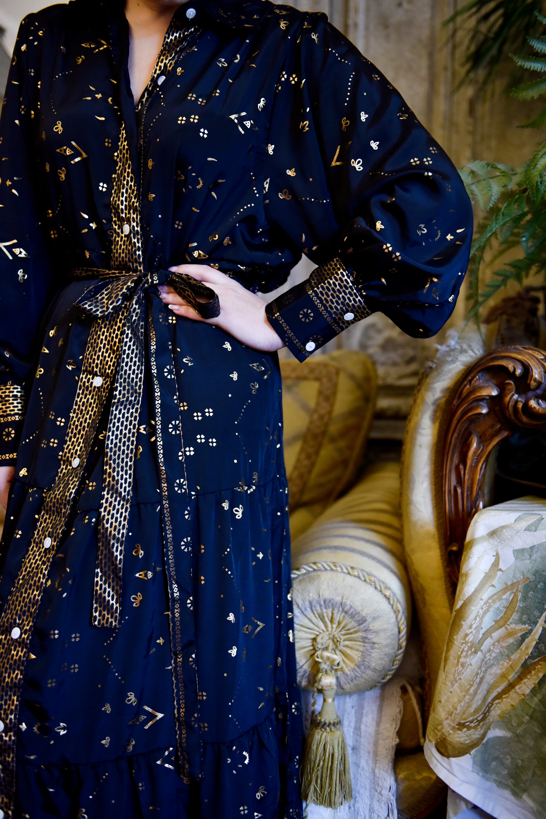 Ember, Black & Gold Small Geo Print Viscose Long Tiered Dress