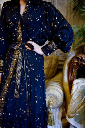 Ember, Black & Gold Small Geo Print Viscose Long Tiered Dress