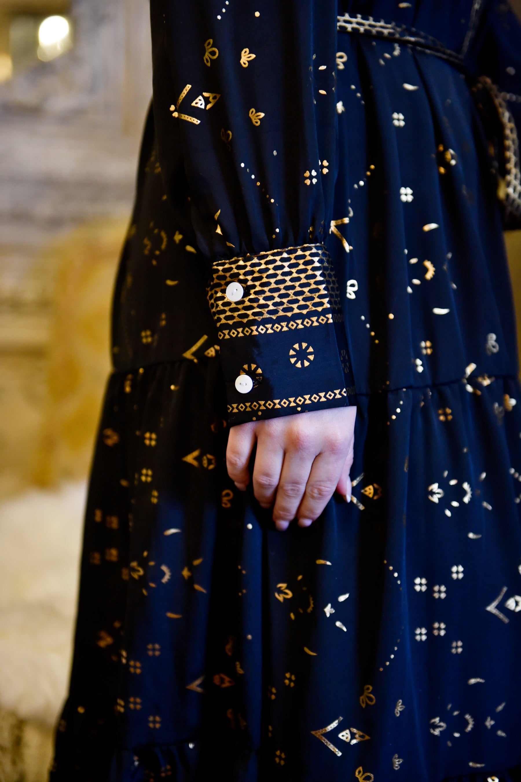 Ember, Black & Gold Small Geo Print Viscose Long Tiered Dress