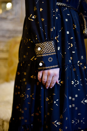 Ember, Black & Gold Small Geo Print Viscose Long Tiered Dress