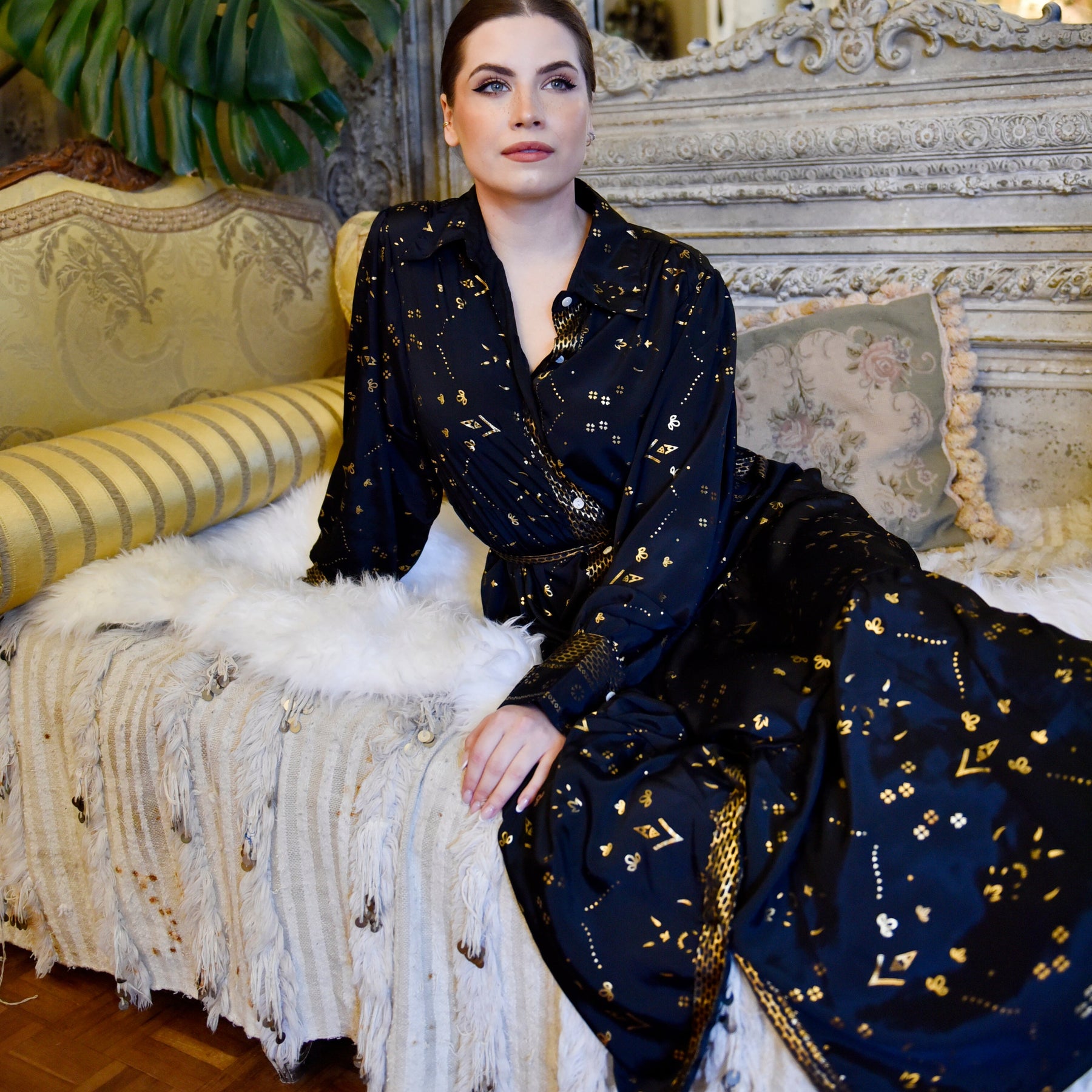 Ember, Black & Gold Small Geo Print Viscose Long Tiered Dress