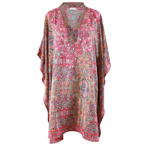 Red, Blue & Yellow Bohemian Print Viscose Kaftan With Pink Ombre Heavy Fishbone Embroidery
