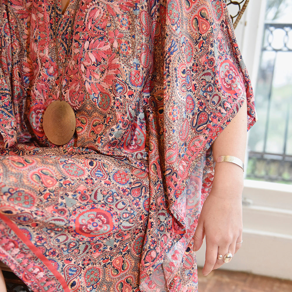 Red, Blue & Yellow Bohemian Print Viscose Kaftan With Pink Ombre Heavy Fishbone Embroidery