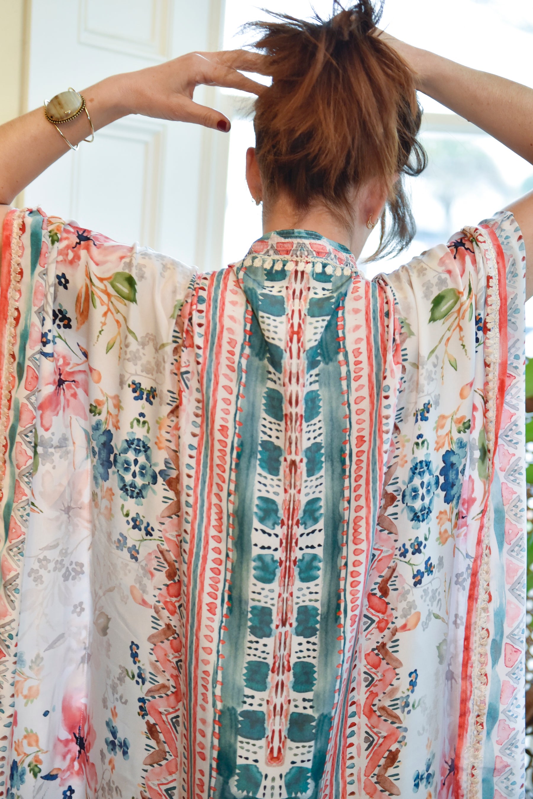 Watercolour Floral Print Viscose Kaftan With Wide Cream Heavy Fishbone Embroidery