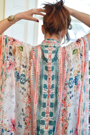 Watercolour Floral Print Viscose Kaftan With Wide Cream Heavy Fishbone Embroidery