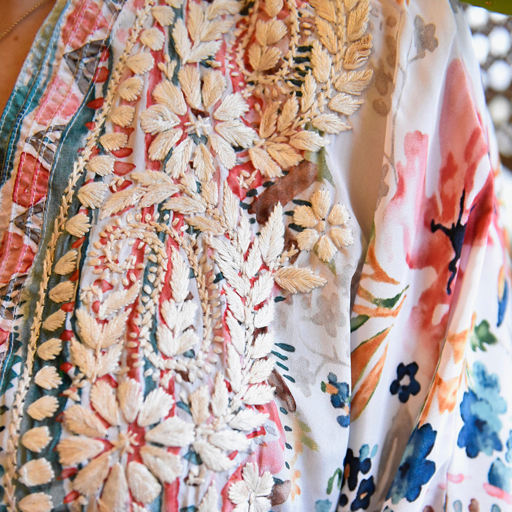Watercolour Floral Print Viscose Kaftan With Wide Cream Heavy Fishbone Embroidery