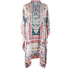 Watercolour Floral Print Viscose Kaftan With Wide Cream Heavy Fishbone Embroidery
