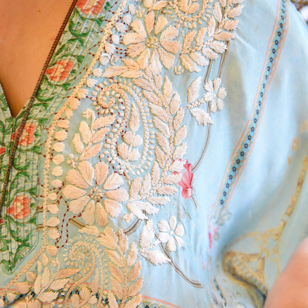 Turquoise Floral Border Print Viscose Kaftan With Wide Cream Heavy Fishbone Embroidery