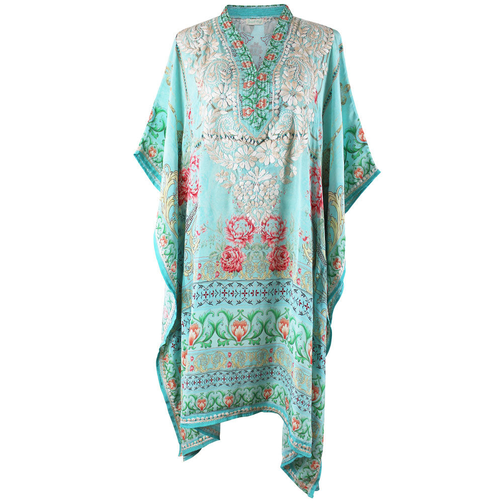 Turquoise Floral Border Print Viscose Kaftan With Wide Cream Heavy Fishbone Embroidery