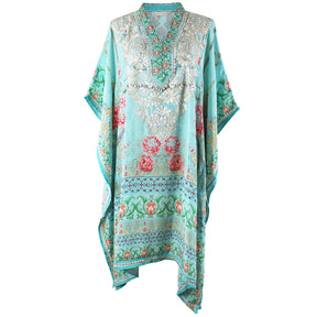Turquoise Floral Border Print Viscose Kaftan With Wide Cream Heavy Fishbone Embroidery