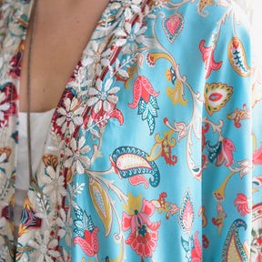 Turquoise & Pink Long Viscose Summer Kaftan Jacket With Cream Heavy Fishbone Embroidery