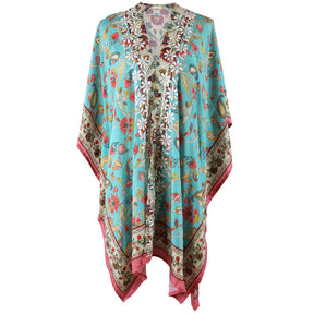 Turquoise & Pink Long Viscose Summer Kaftan Jacket With Cream Heavy Fishbone Embroidery