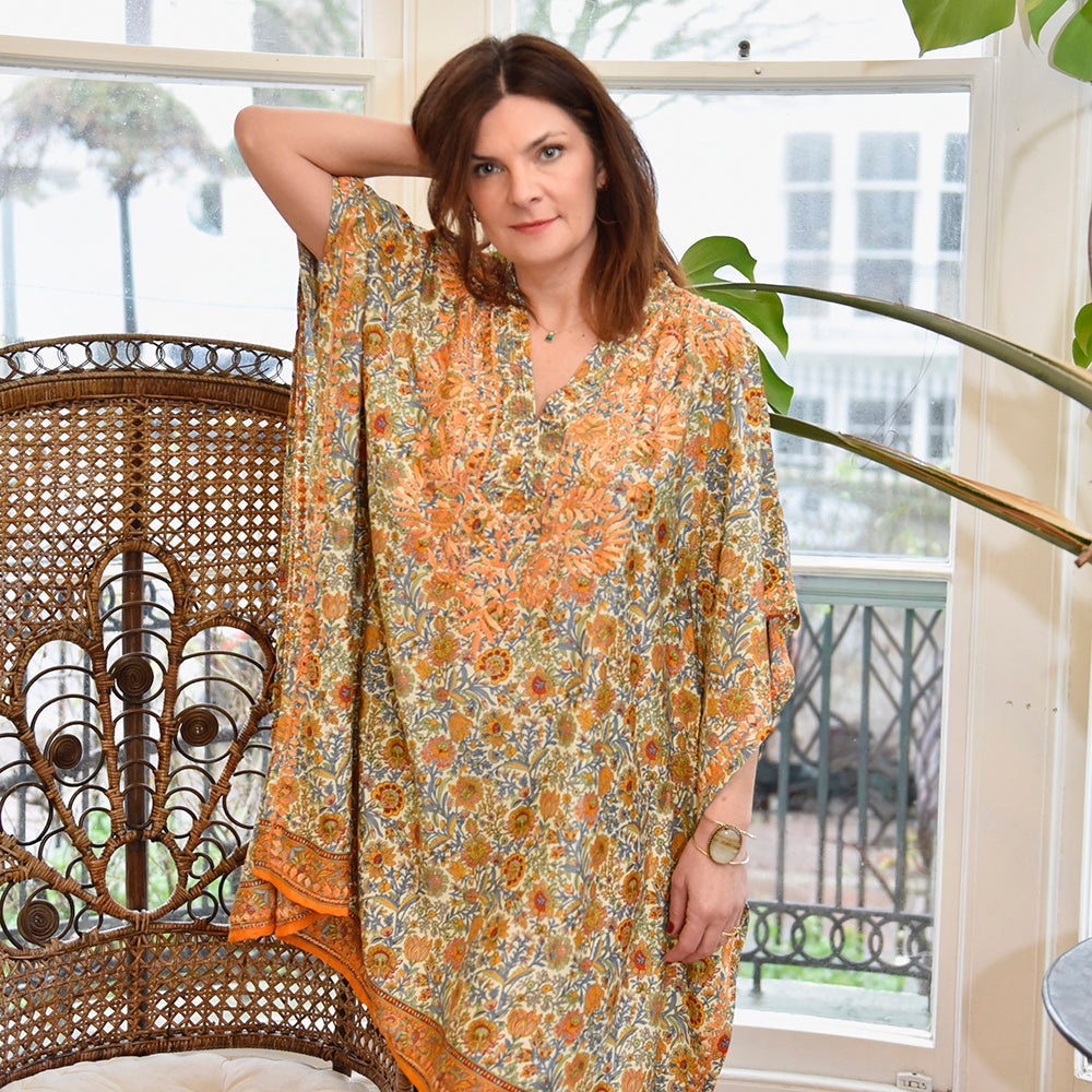Orange & Blue Floral Print Viscose Kaftan With Wide Orange Heavy Fishbone Embroidery