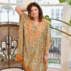 Orange & Blue Floral Print Viscose Kaftan With Wide Orange Heavy Fishbone Embroidery