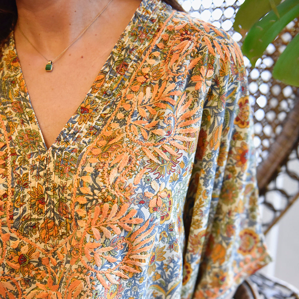 Orange & Blue Floral Print Viscose Kaftan With Wide Orange Heavy Fishbone Embroidery