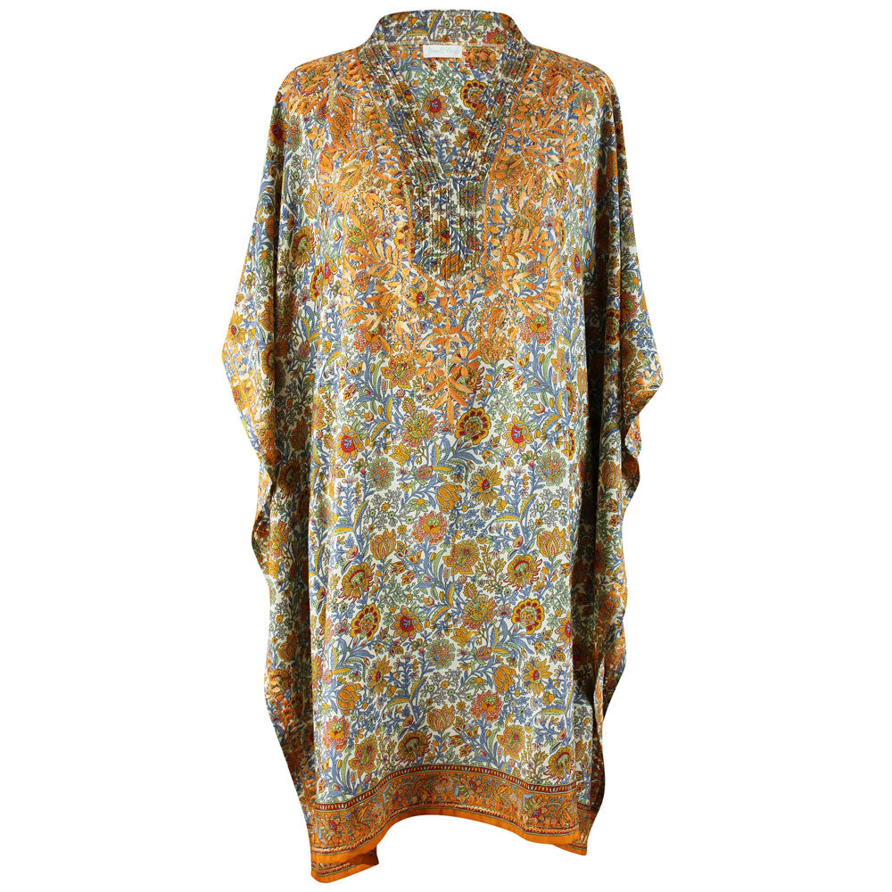 Orange & Blue Floral Print Viscose Kaftan With Wide Orange Heavy Fishbone Embroidery