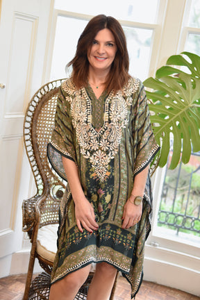 Green Mixed Floral Print Viscose Kaftan With Wide Cream Heavy Fishbone Embroidery