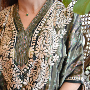 Green Mixed Floral Print Viscose Kaftan With Wide Cream Heavy Fishbone Embroidery