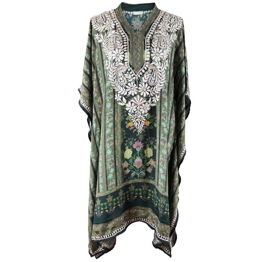 Green Mixed Floral Print Viscose Kaftan With Wide Cream Heavy Fishbone Embroidery