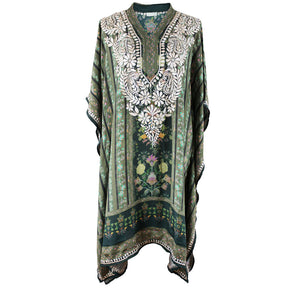 Green Mixed Floral Print Viscose Kaftan With Wide Cream Heavy Fishbone Embroidery