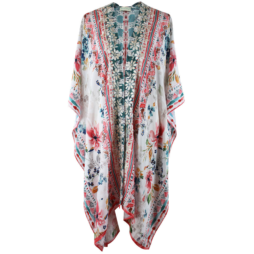 Watercolour Floral Long Viscose Summer Kaftan Jacket With Cream Heavy Fishbone Embroidery
