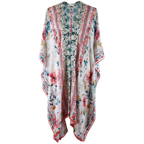 Watercolour Floral Long Viscose Summer Kaftan Jacket With Cream Heavy Fishbone Embroidery