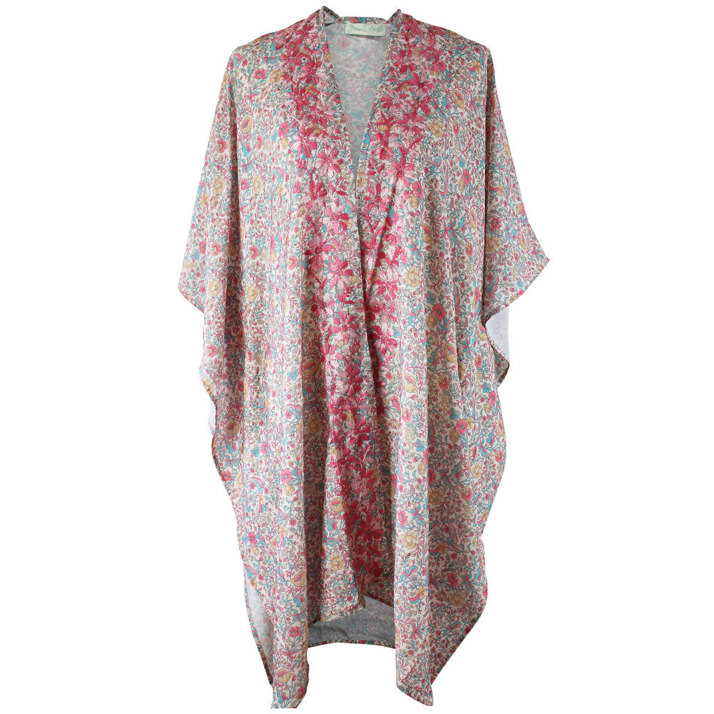 Pink Pastel Floral Long Viscose Summer Kaftan Jacket With Ombre Pink Heavy Fishbone Embroidery