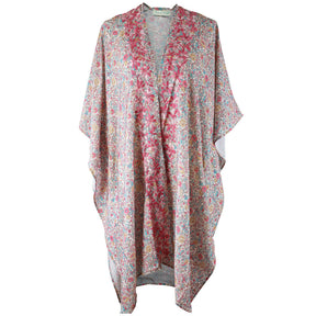 Pink Pastel Floral Long Viscose Summer Kaftan Jacket With Ombre Pink Heavy Fishbone Embroidery