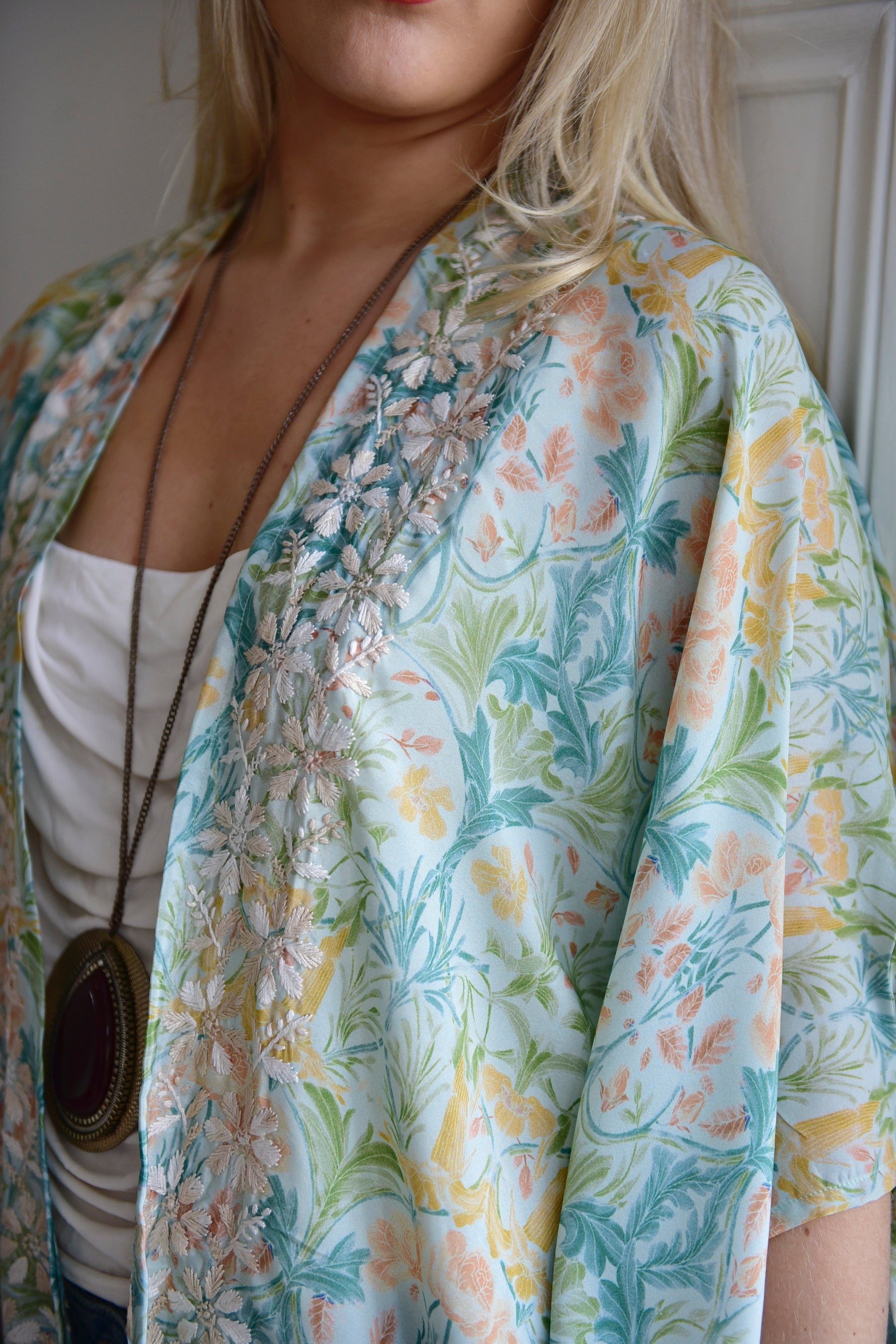 Mint Spring Floral Viscose Summer Kaftan Jacket With Cream Heavy Fishbone Embroidery