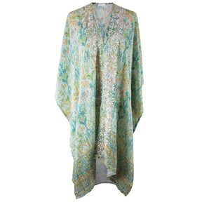 Mint Spring Floral Viscose Summer Kaftan Jacket With Cream Heavy Fishbone Embroidery