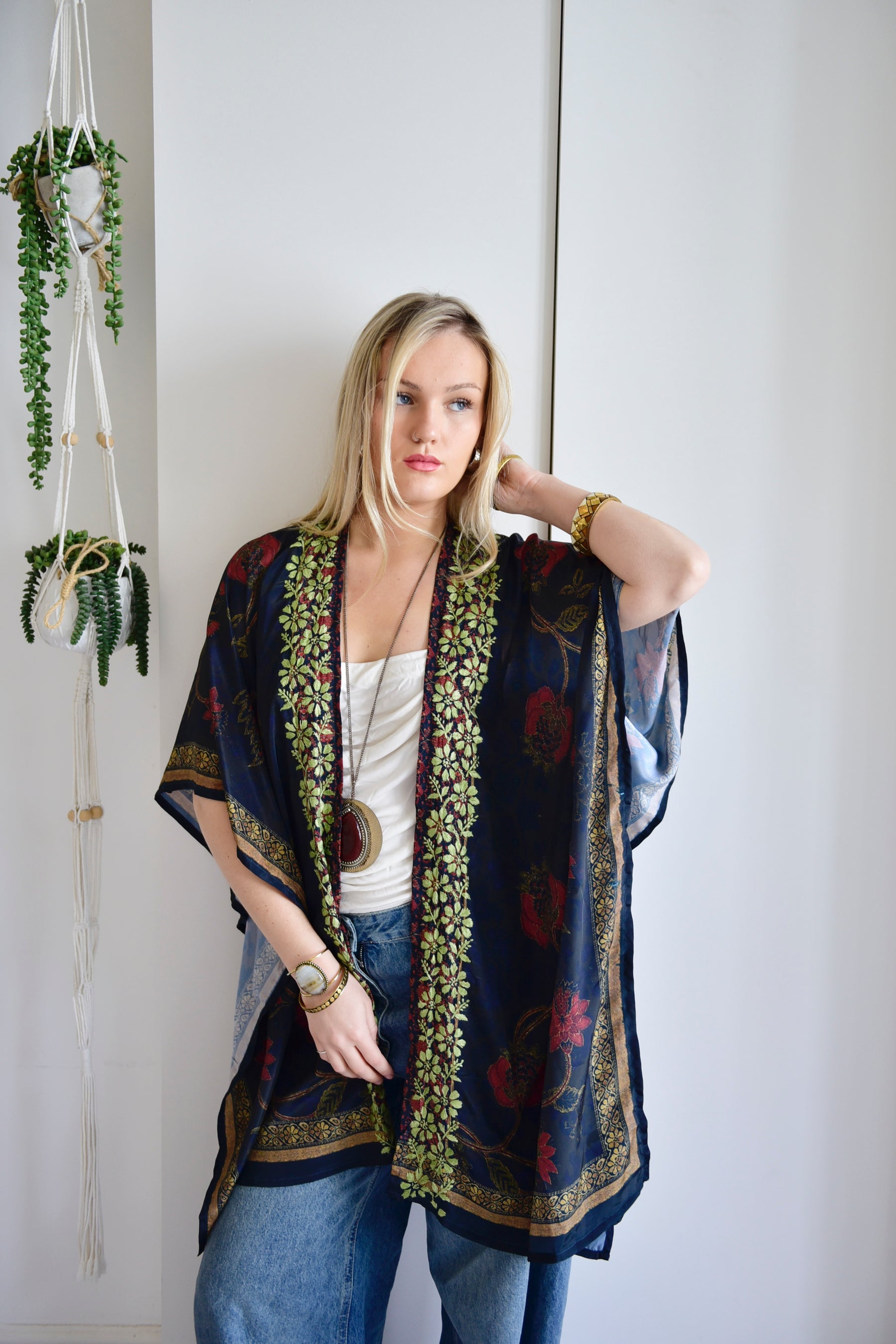 Dark Blue, Brown & Gold Viscose Summer Kaftan Jacket With Green Heavy Fishbone Embroidery