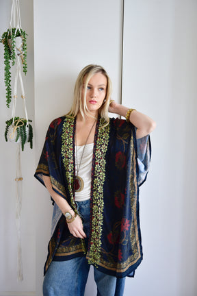 Dark Blue, Brown & Gold Viscose Summer Kaftan Jacket With Green Heavy Fishbone Embroidery